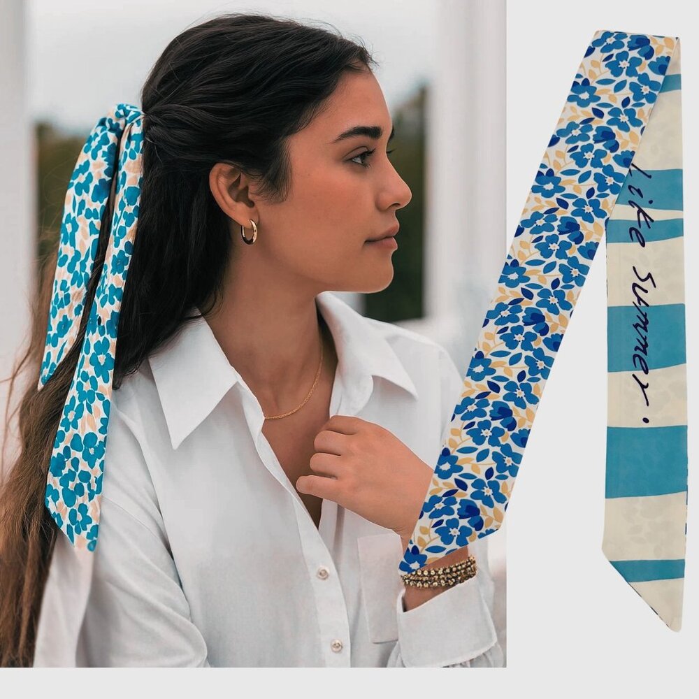 Slim Scarf Blue Floral 34in Satin Two Sided Nauticalcore Preppy No63